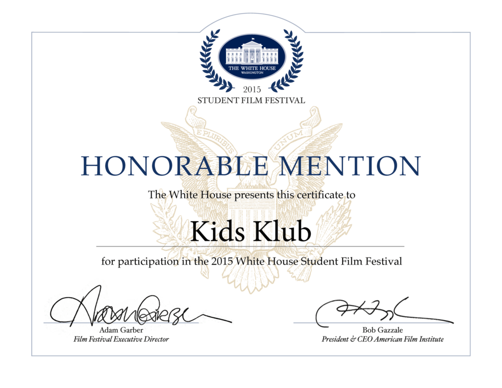 Kids Klub students awarded Honorable Mention in Whitehouse Student Film Festival 1