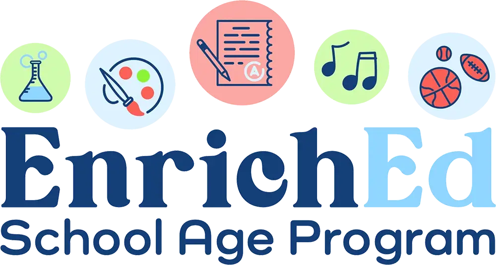 EnrichEd logo with icons for science, art, writing, music and sports promoting school-age enrichment and community support.