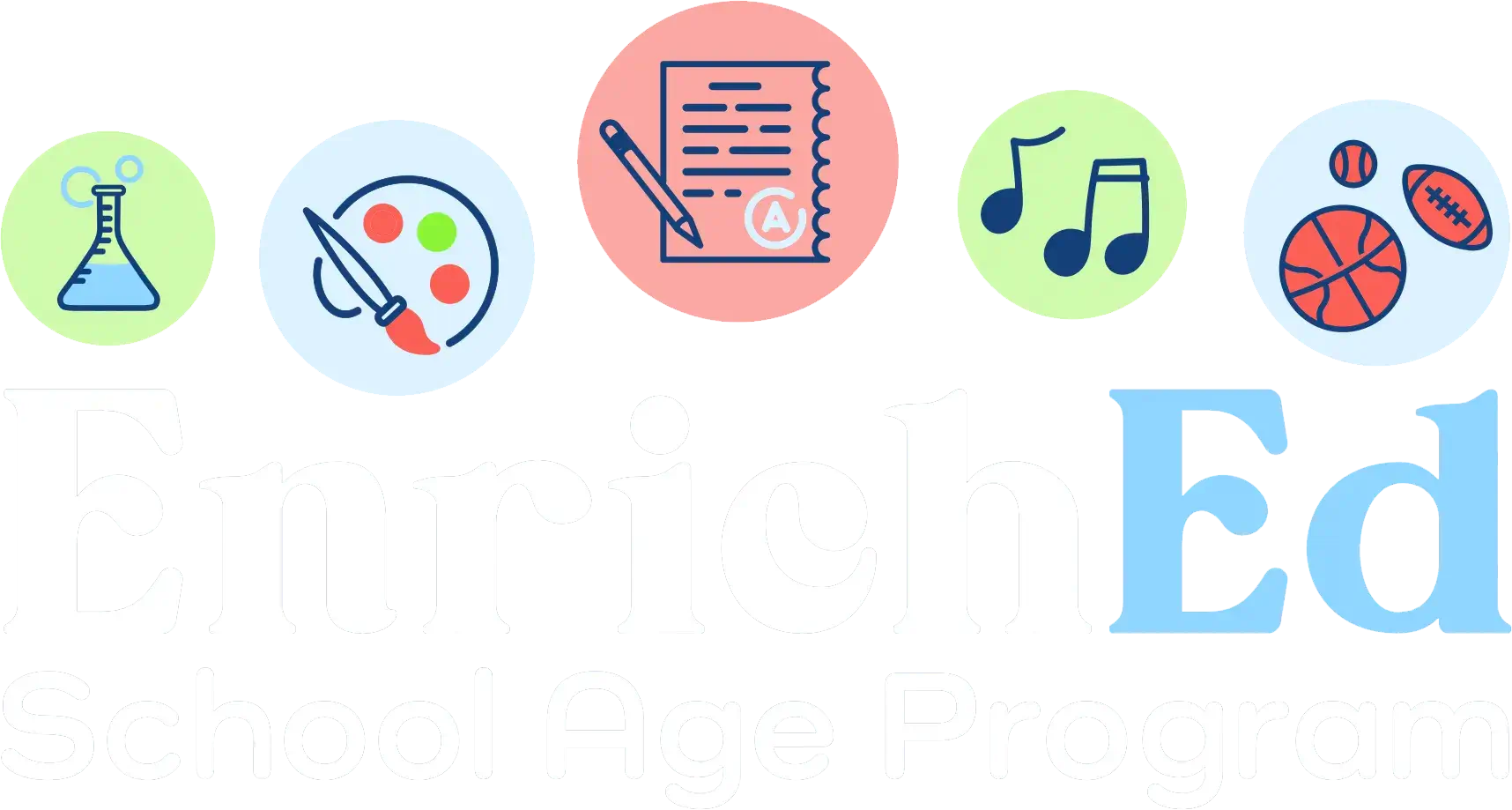 EnrichEd logo with icons for science, art, academics, music and sports above School Age Program.