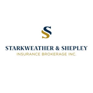 Navy and gold 'S' above Starkweather & Shepley logo with 'Insurance Brokerage Inc.' — professional, community-focused trust