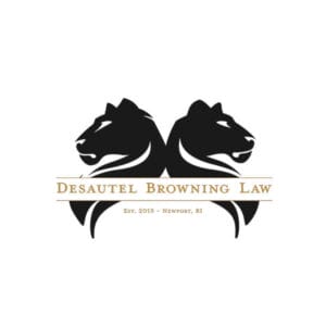 Mirrored black lion heads with gold lines and text Desautel Browning Law, Est. 2015 - Newport, RI conveys community care.