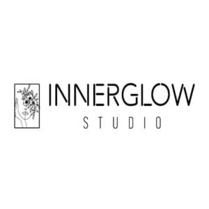 INNERGLOW STUDIO logo, minimal line-art face with flowers in rectangle, fits EnrichEd enrichment themes