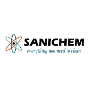 EnrichEd: Sanichem logo with atom icon and tagline everything you need to clean, evoking safe, enriched learning spaces