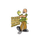 Cartoon bearded mascot with a green snake and Bwana Iguana Reptile Adventure logo, EnrichEd enrichment and support.