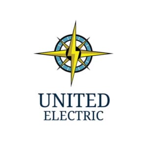United Electric logo: compass star with yellow lightning bolt over blue circle, 'UNITED ELECTRIC' below. EnrichEd.