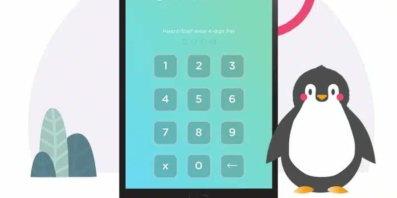 Tablet sign-in kiosk for EnrichEd showing numeric keypad beside a friendly penguin mascot, safe, playful school-themed scene.
