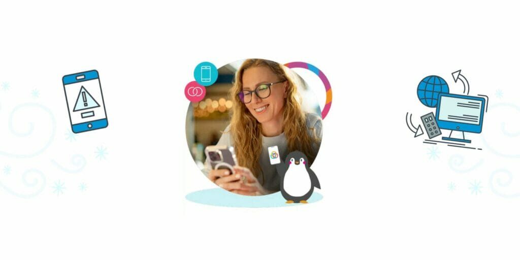 Smiling woman using phone with EnrichEd, cartoon penguin, phone alert icon and computer globe suggesting safe online learning.