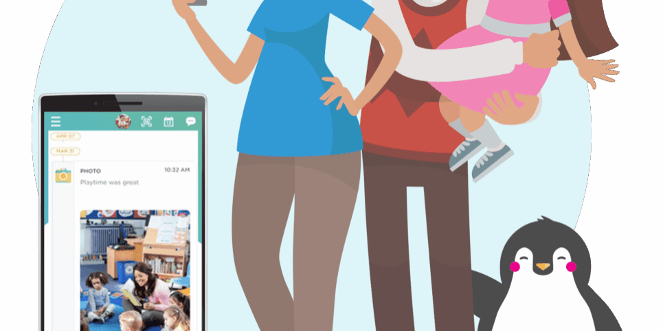 Smiling family with child, EnrichEd app notification and classroom photo on a phone, symbolizing safe enrichment programs