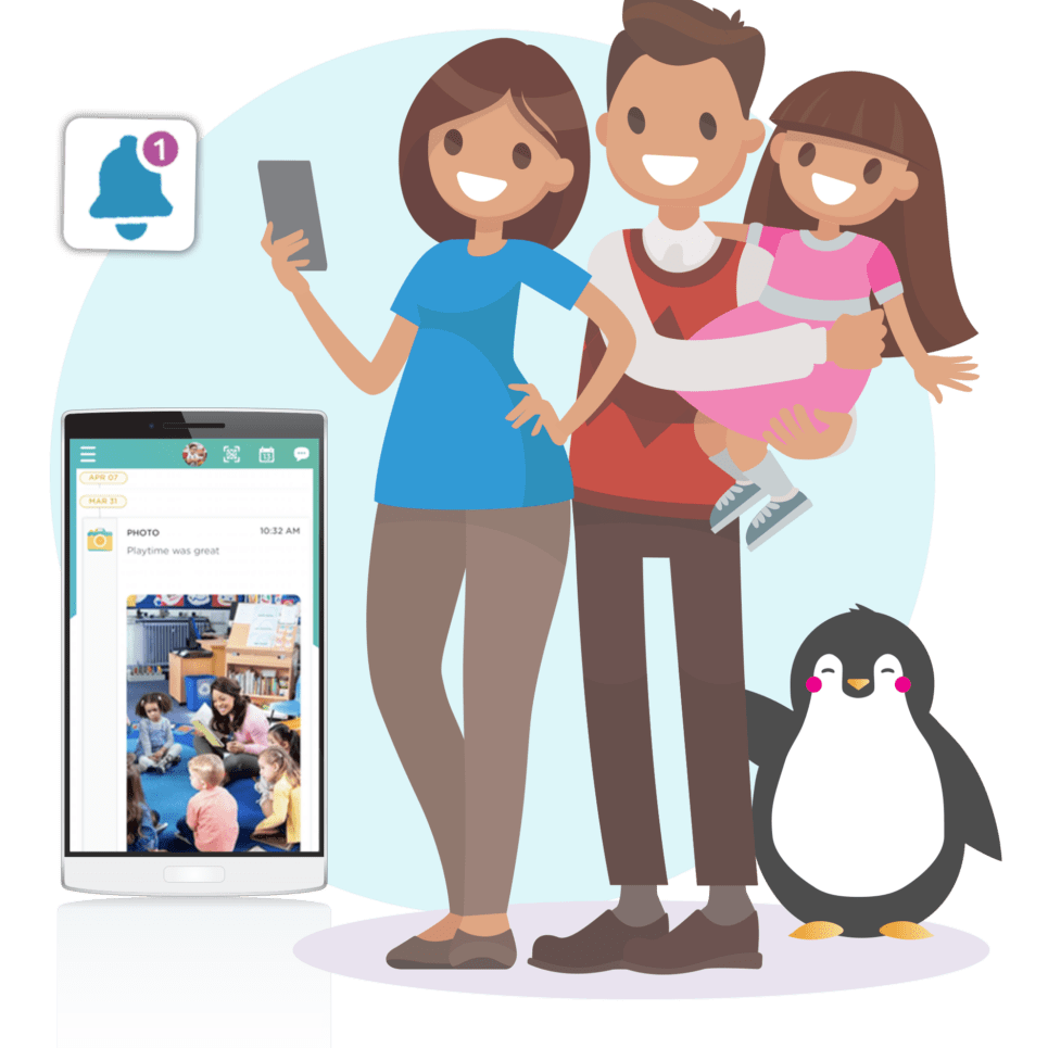 Smiling parents hold daughter while smartphone shows EnrichEd app notification and classroom photo, penguin mascot.